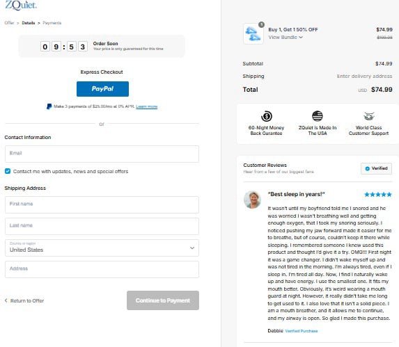 zquiet checkout page